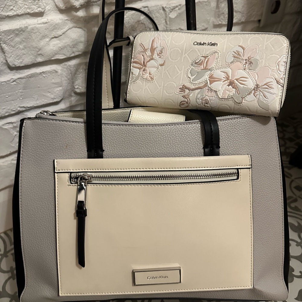 Calvin Klein Gray and Cream Tote with Floral Wallet